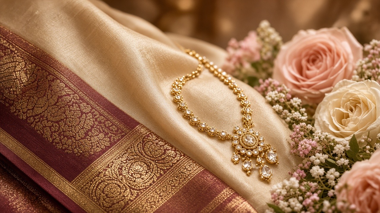 Silk saree border and gold jewellery for a baby shower invitation look