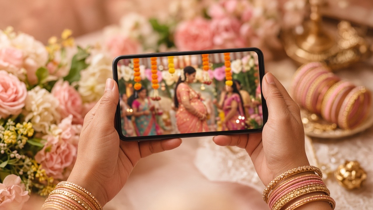Hands sharing a Seemantham celebration photo on a phone