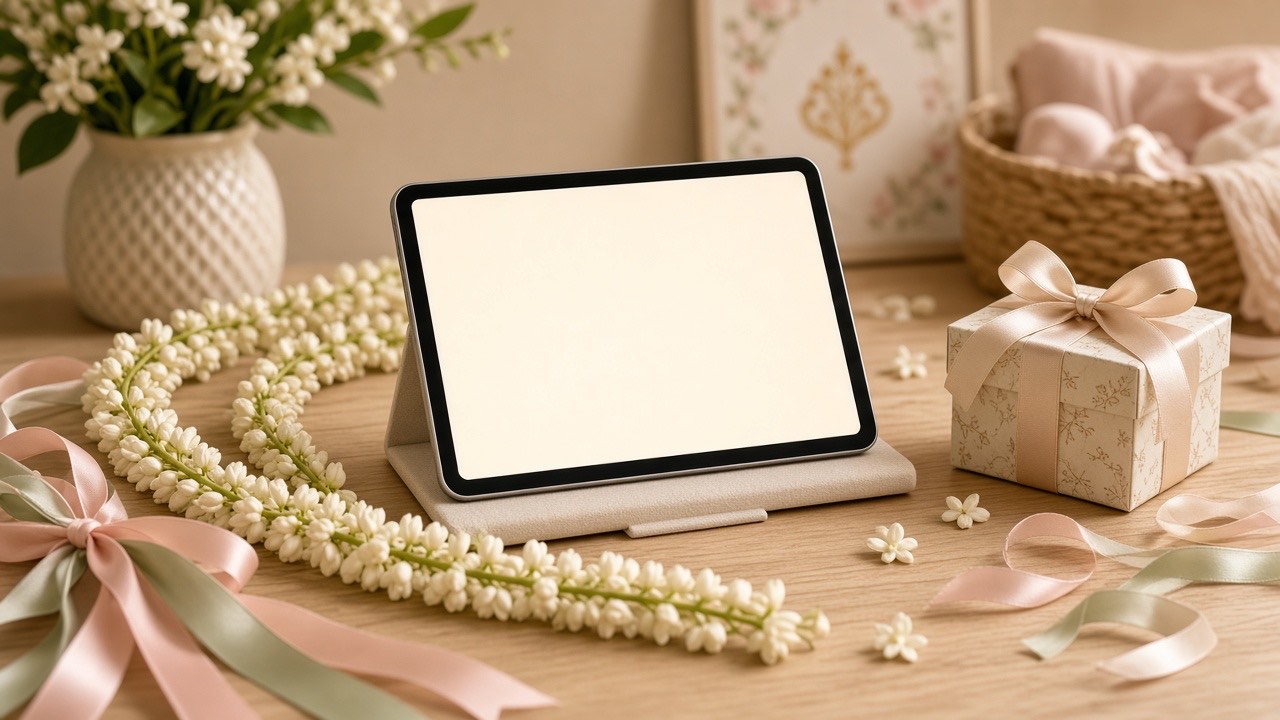 Tablet and jasmine for managing Seemantham Valaikappu RSVPs