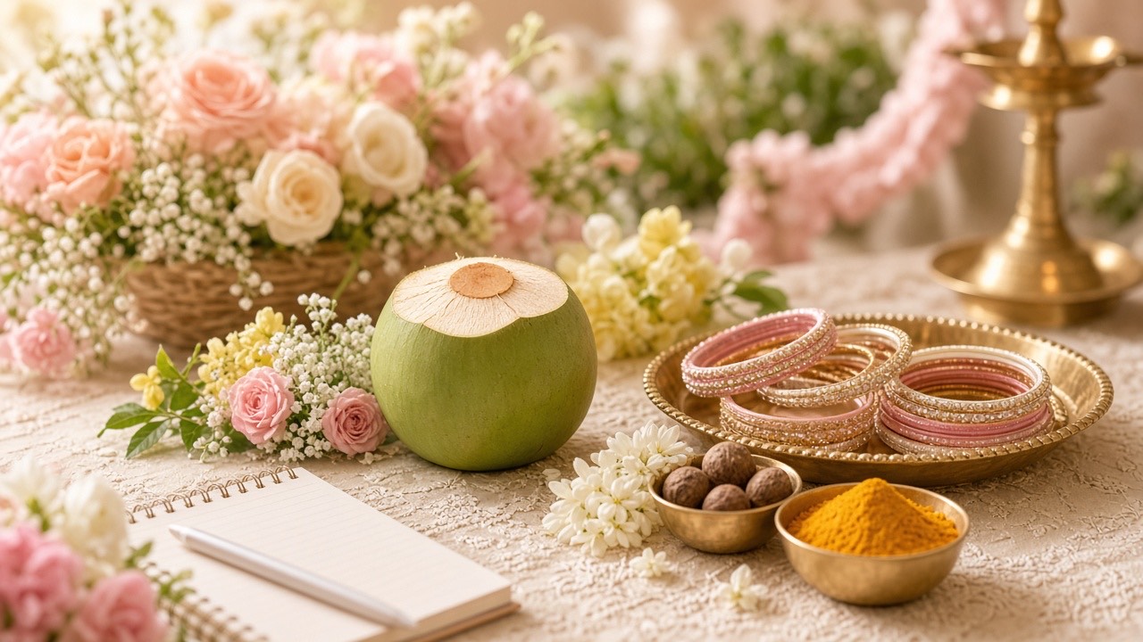 Seemantham planning table with florals, bangles, and soft pastels