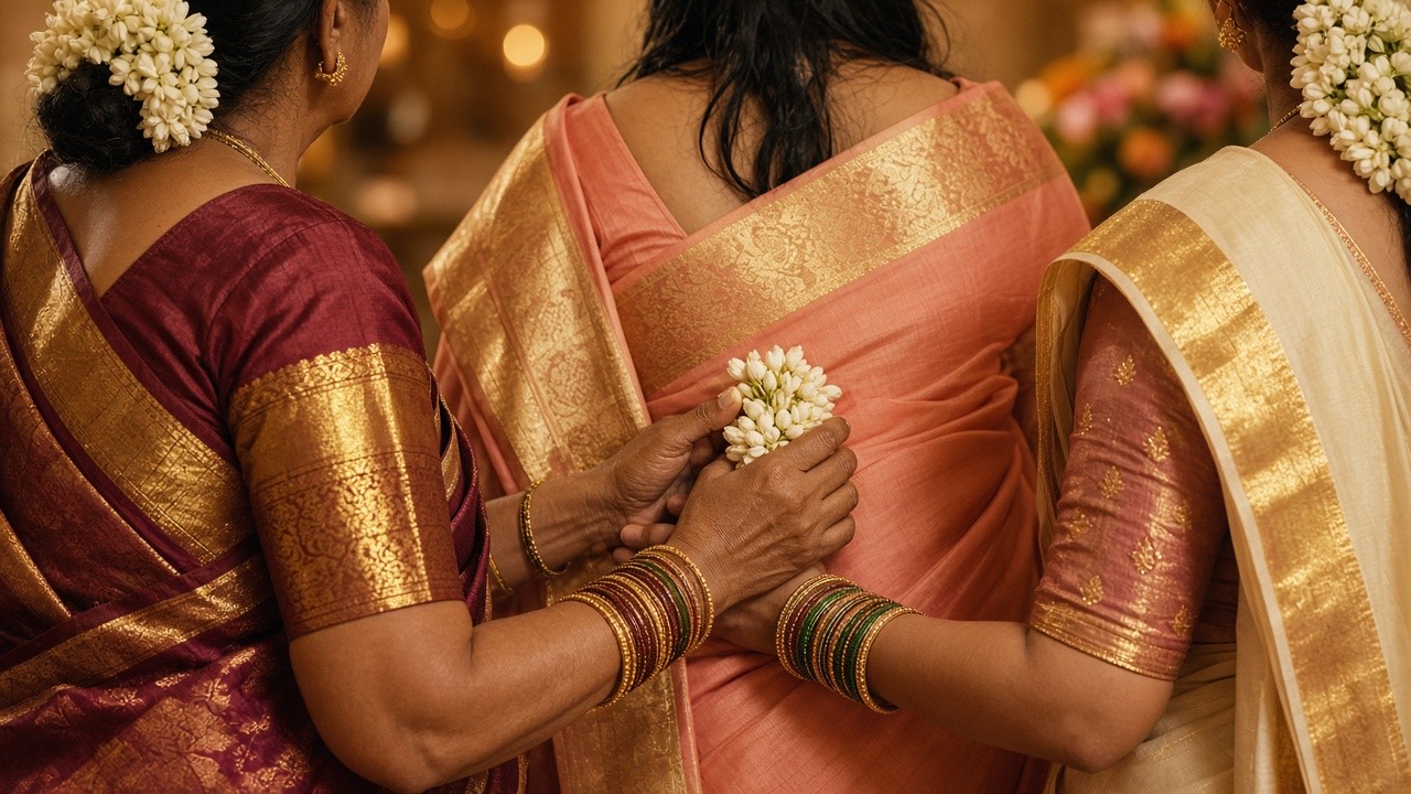 Grandmother and mother-to-be hands with jasmine and bangles