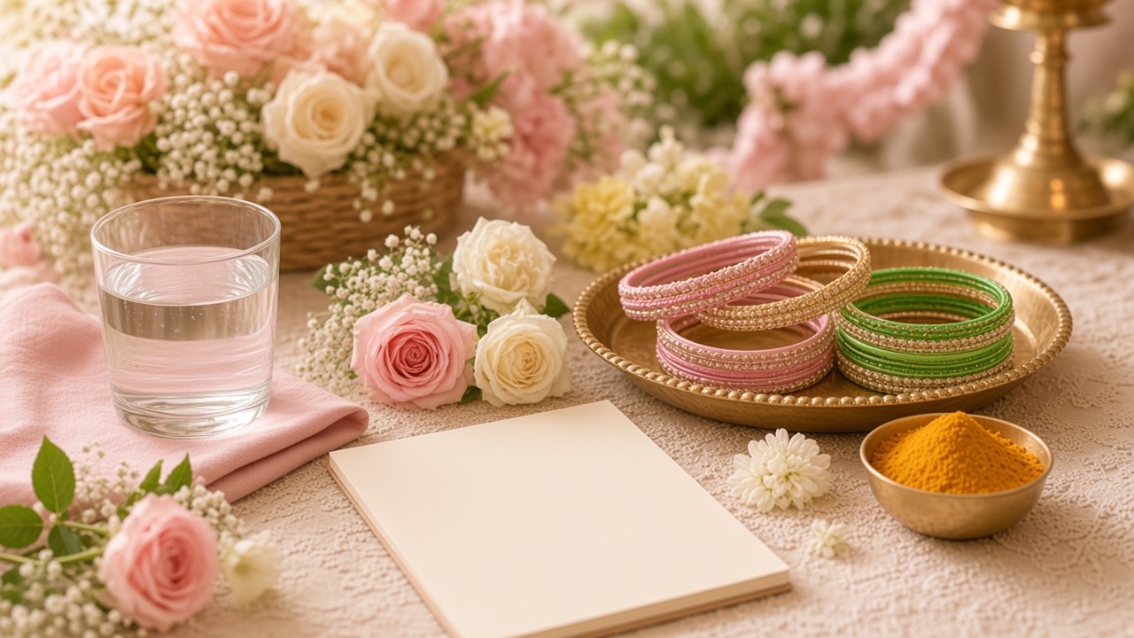 Valaikappu bangles, water glass, turmeric, roses, and a blessing card on lace