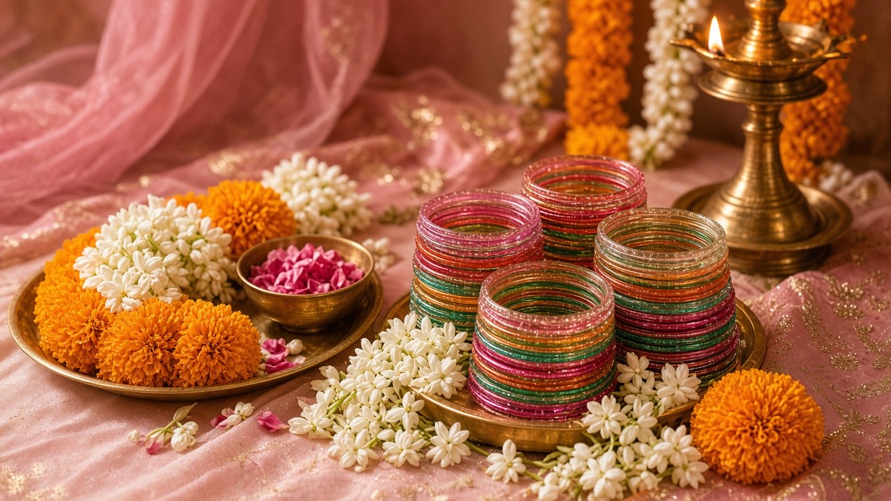 Valaikappu celebration bangles, jasmine, and marigold décor