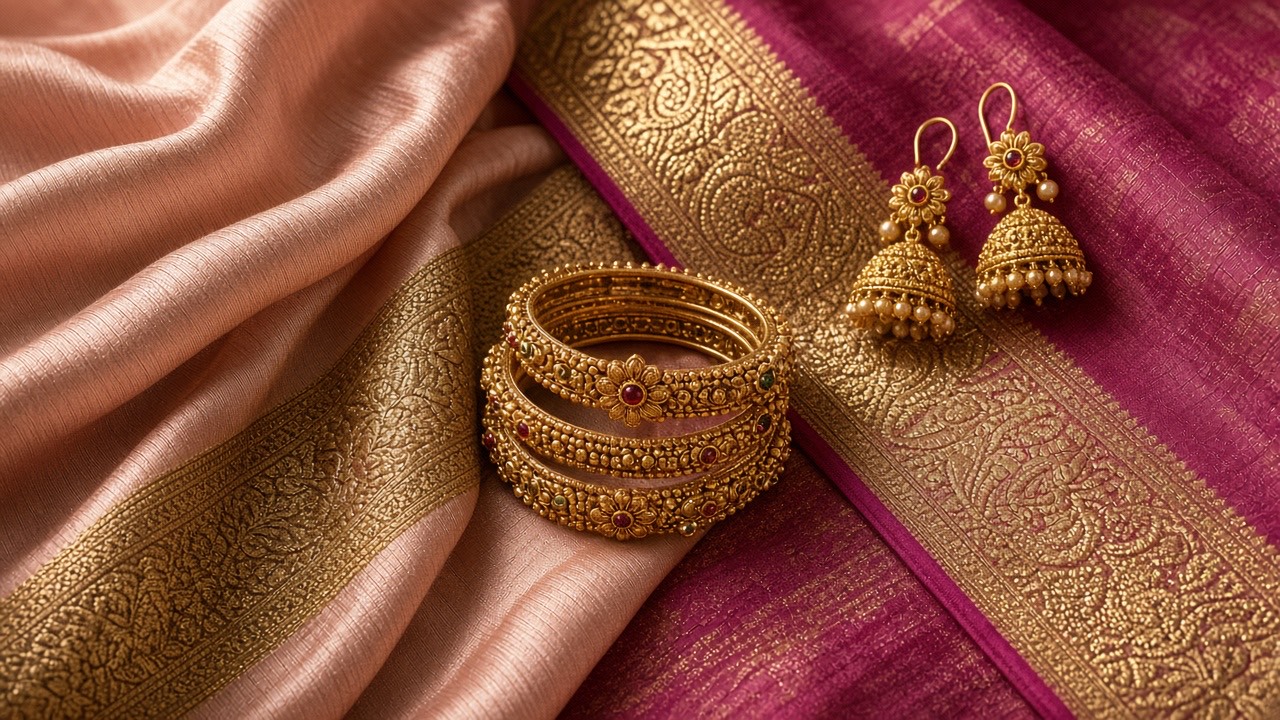 Silk half saree fabric and temple jewellery for invitation design inspiration