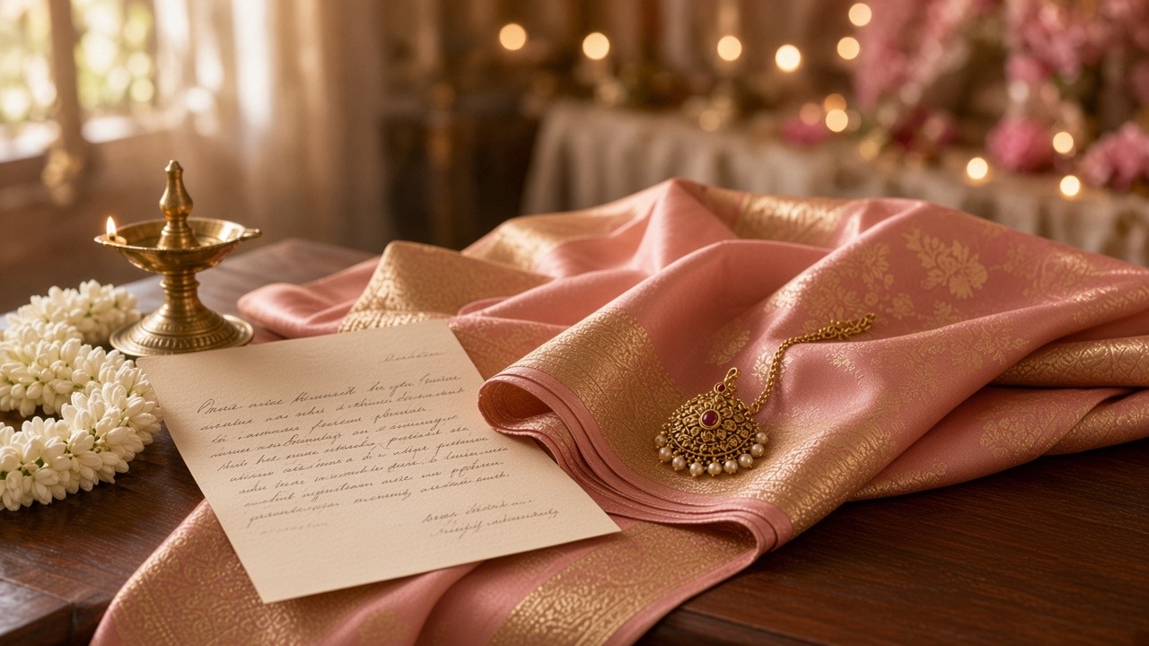 Peach silk half saree, jasmine, brass lamp, letter, and heirloom pendant on wood