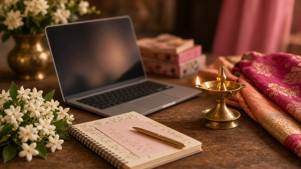 Laptop and jasmine flowers for organizing a Half Saree Ceremony invitation