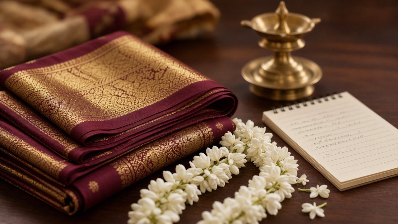 Half saree ceremony planning with silk fabric, jasmine, and a brass lamp