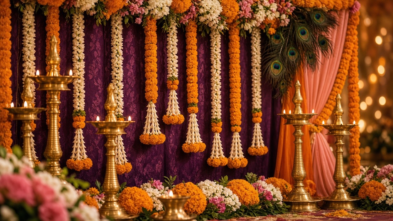 Half saree ceremony stage décor with flowers and brass lamps
