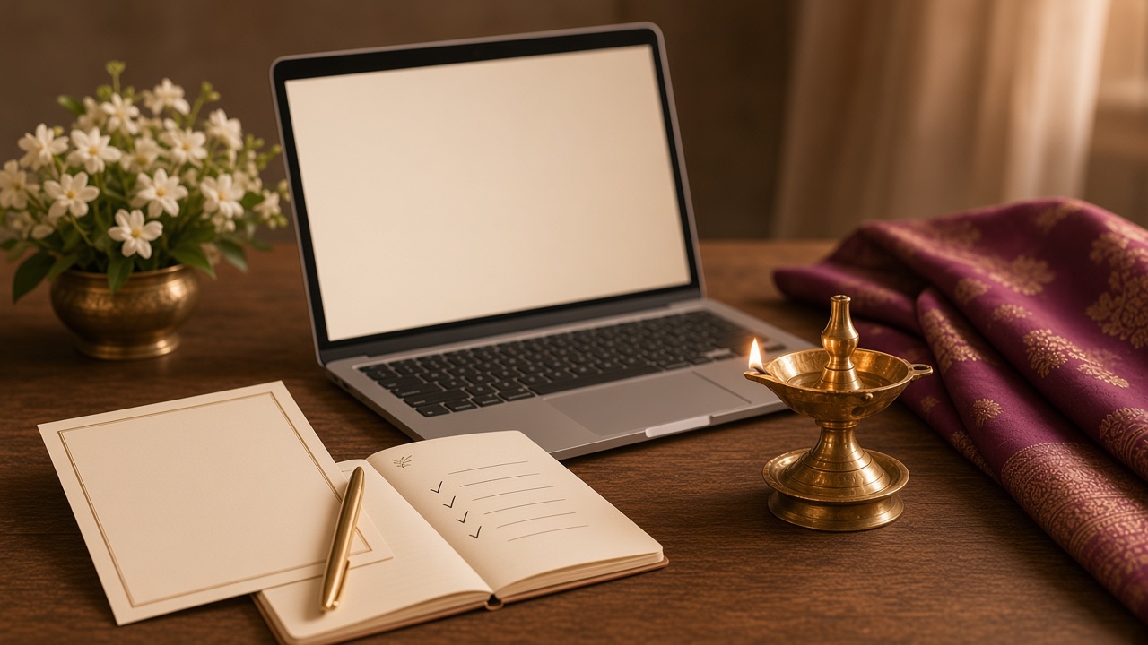 Laptop, blank invitation card, RSVP notebook, brass lamp, jasmine, and silk on a wooden table