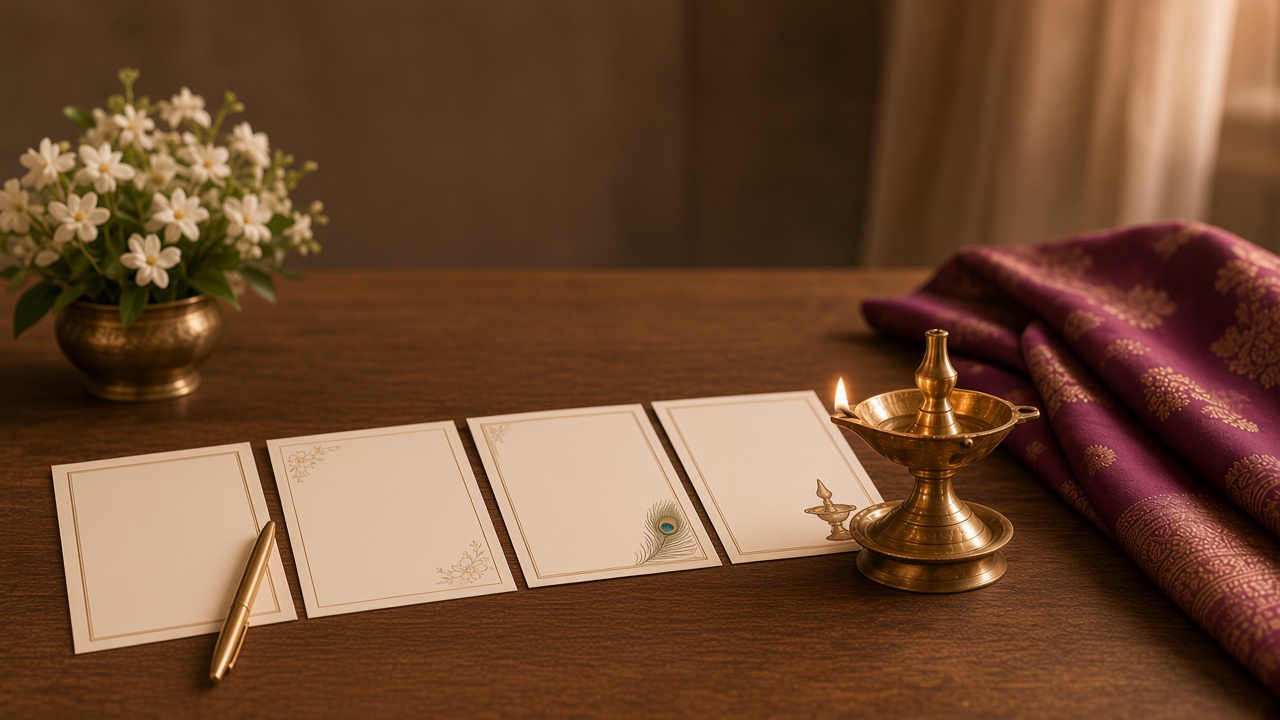 Four blank invitation cards with different borders, a brass lamp, jasmine, and silk on a wooden table