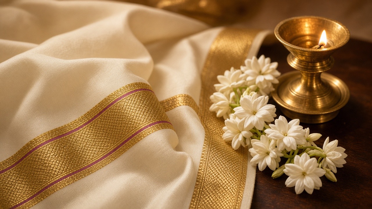 Silk fabric and brass lamp for choosing an Upanayanam invitation design
