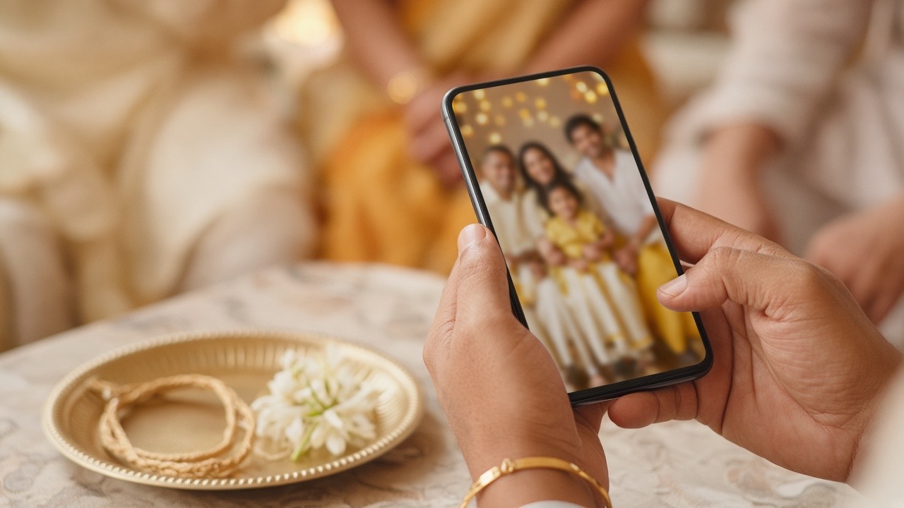 Hands sharing a Thread Ceremony celebration photo on a phone