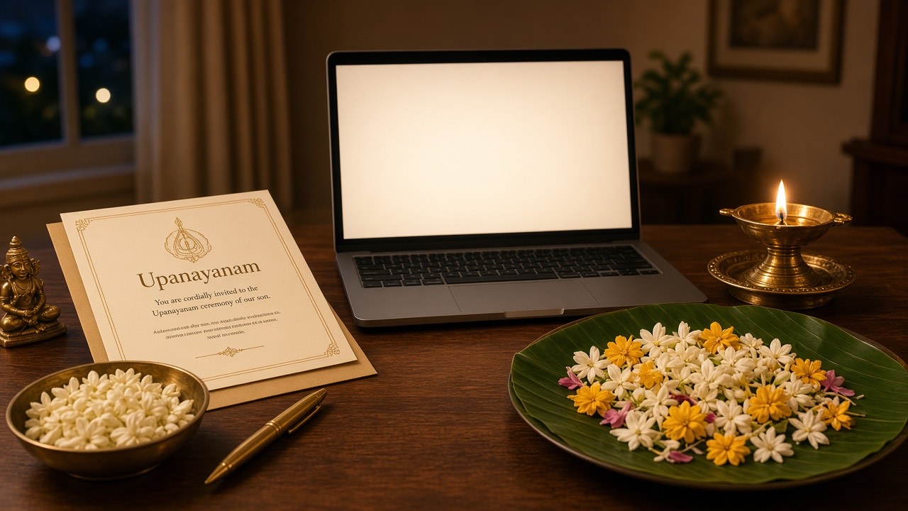 Laptop and banana leaf flowers for Upanayanam invitation and RSVP