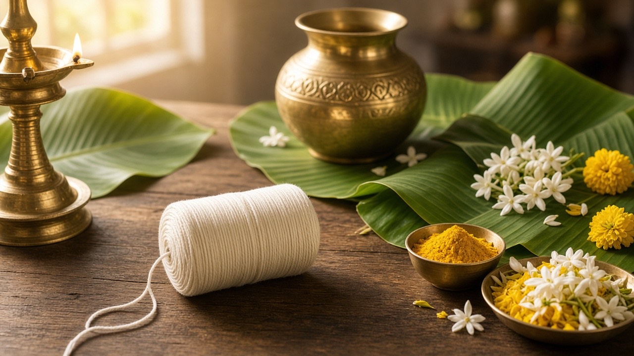Upanayanam planning with sacred thread, banana leaf, and brass lamp