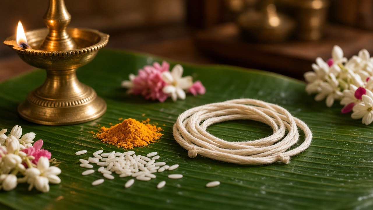 Sacred thread on banana leaf with brass lamp and turmeric for Upanayanam