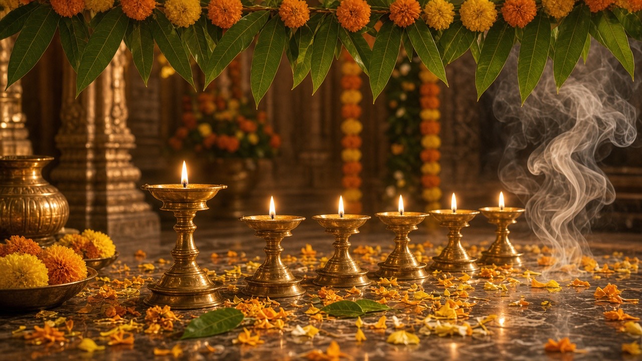 Thread Ceremony décor with brass lamps and marigold petals