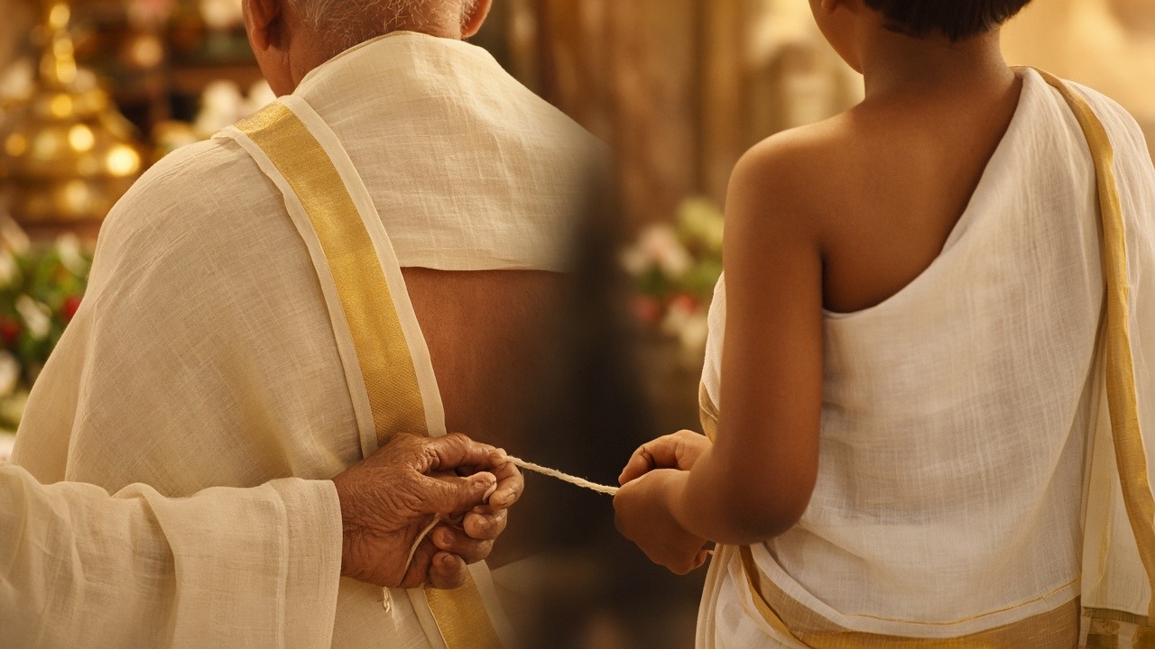 Grandfather and child hands holding a sacred thread together